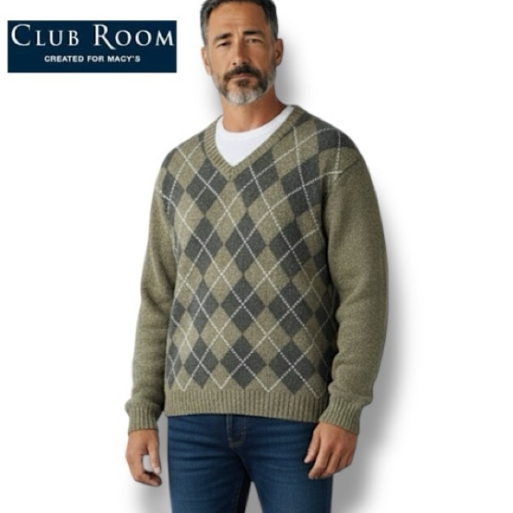 VTG Club Room Lambs Wool Sweater V-Neck Green Argyle Y2K Eclectic Grandpa | Sz L